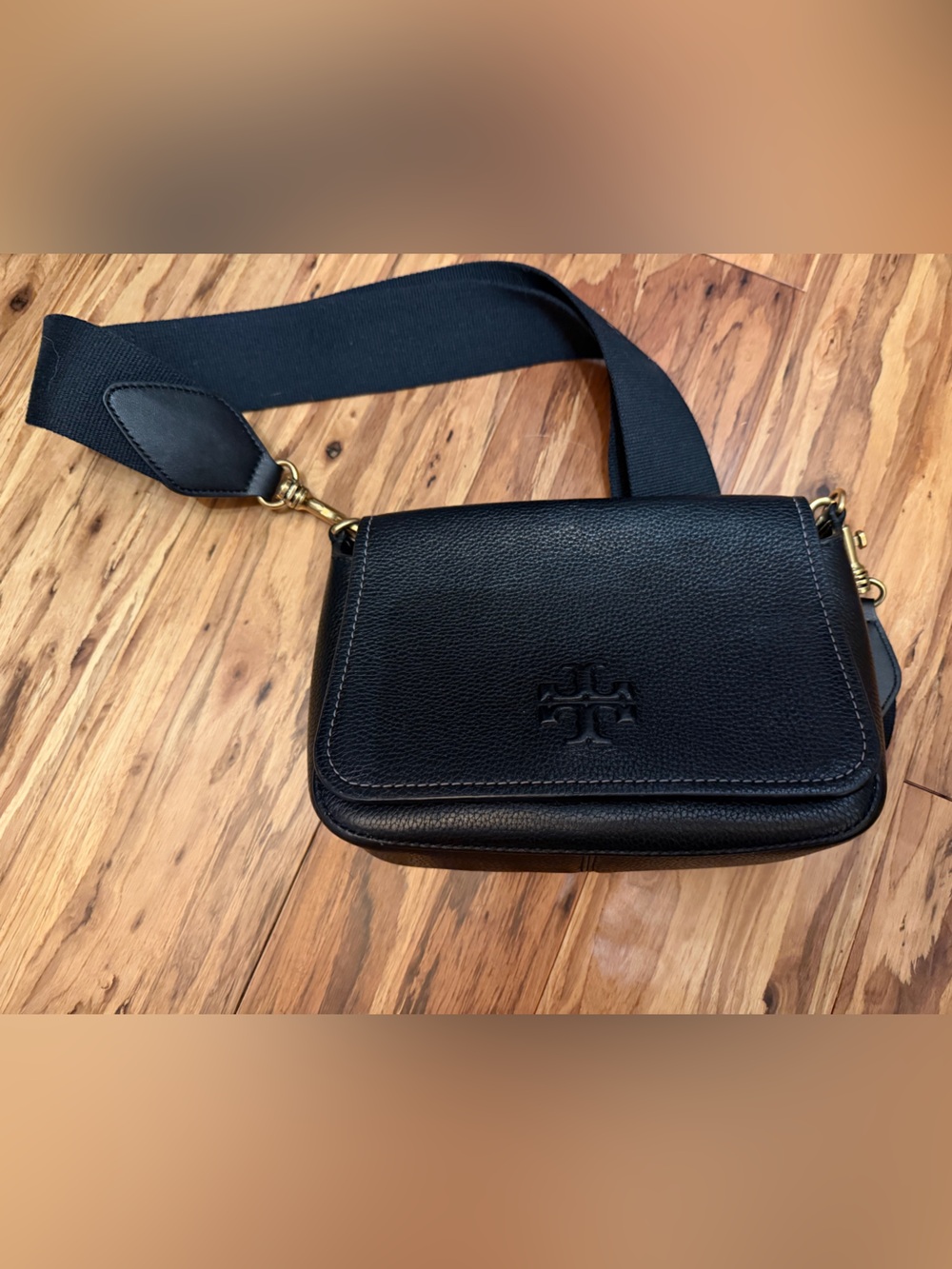Tory Burch Black Leather Crossbody with Wide Strap and Logo Flap